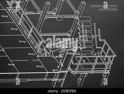 Building. Metal constructions. Volumetric constructions. 3D design. Abstract background. Black. Points Stock Vector