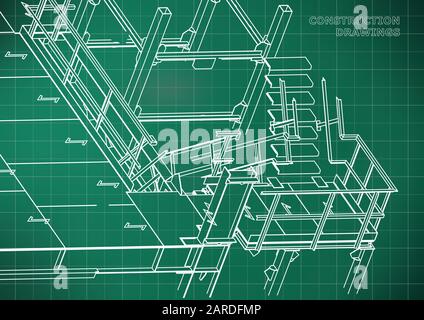 Building. Metal constructions. Volumetric constructions. 3D design. Abstract background. Light green. Grid Stock Vector