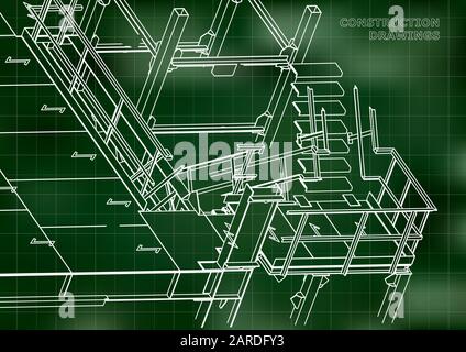 Building. Metal constructions. Volumetric constructions. 3D design. Abstract background. Green. Grid Stock Vector