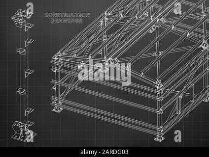 Building. Metal constructions. Volumetric constructions. 3D design. Abstract Cover, banner. Black. Grid Stock Vector