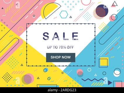 Vector illustration of abstract dynamic geometric shapes with sale inscription. Low price promotion. Stock Vector