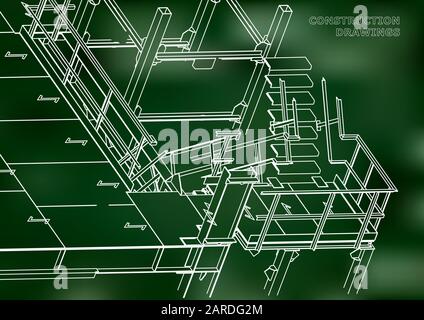 Building. Metal constructions. Volumetric constructions. 3D design. Abstract background. Green Stock Vector