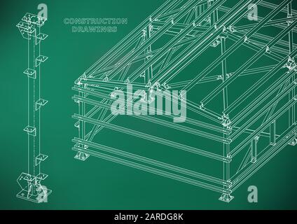 Building. Metal constructions. Volumetric constructions. 3D design. Abstract Cover, banner. Light green Stock Vector