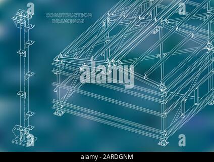 Building. Metal constructions. Volumetric constructions. 3D design. Abstract Cover, banner. Blue Stock Vector