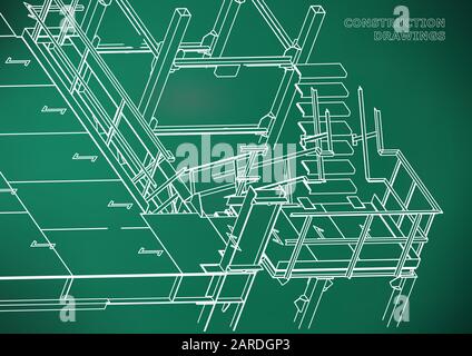 Building. Metal constructions. Volumetric constructions. 3D design. Abstract background. Light green Stock Vector