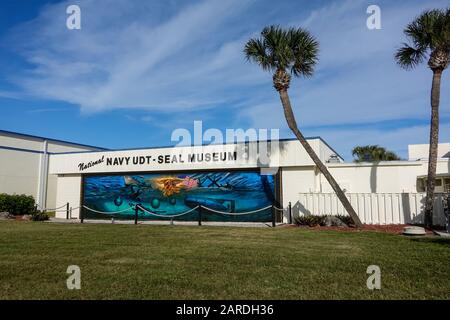 Ft. Pierce,FL/USA-1/27/20: The exterior of the Navy SEAL Museum building in Ft. Pierce, Florida.  Where visitors can learn all about the Navy SEAL pro Stock Photo