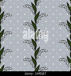 Floral seamless background. Lilies of the valley. Sprigs, leaves. Waves of flowers. White peas. Light gray background Stock Vector