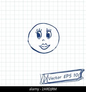 Style of children's drawing. Doodle drawing on a sheet of notebook. Smiley with lips. Contour Stock Vector