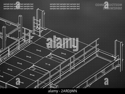 Building. Metal constructions. Volumetric constructions. 3D design. Abstract. Black background. Points Stock Vector
