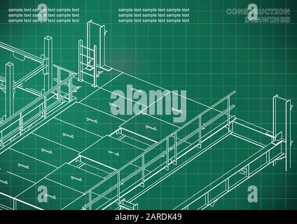 Building. Metal constructions. Volumetric constructions. 3D design. Abstract. Light green background. Grid Stock Vector