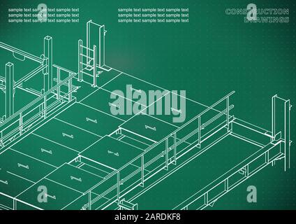 Building. Metal constructions. Volumetric constructions. 3D design. Abstract. Light green background. Points Stock Vector