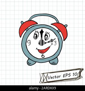 Style of children's drawing. Doodle drawing on a sheet of notebook. Alarm clock Stock Vector