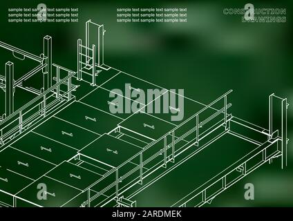 Building. Metal constructions. Volumetric constructions. 3D design. Abstract. Green background Stock Vector
