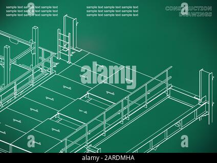 Building. Metal constructions. Volumetric constructions. 3D design. Abstract. Light green background Stock Vector