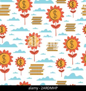 Template for designers and illustrators. Flying golden dollars seamless pattern. Stock Vector