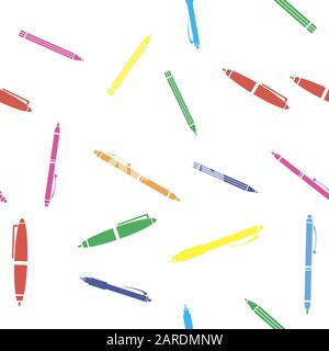 Colorful Pen Seamless Pattern on White Background. Randomly Scattered School Accessories Stock Vector