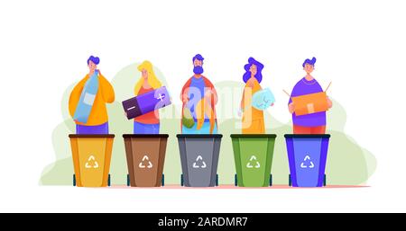 Group of people sort trash in multi-colored bins. Men and women are holding huge objects in their hands. Metaphor separate garbage collection. Flat ve Stock Vector