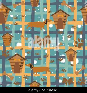 Seamless Dachshund Dog Pattern with bones, bows, dog houses and footprints. Vector Illustration Stock Vector