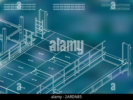 Building. Metal constructions. Volumetric constructions. 3D design. Abstract. Blue background Stock Vector