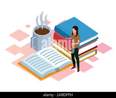 cartoon woman reading with books and hot coffee mug around, colorful design Stock Vector