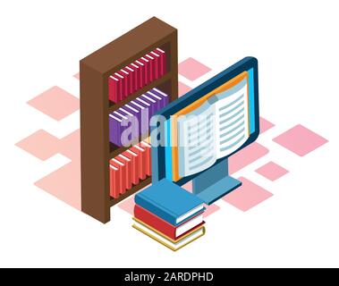 bookshelf, computer with book icon on screen Stock Vector