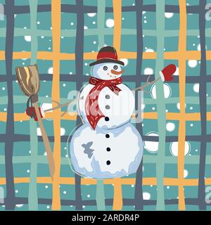 Happy Character of Snowman on a cute winter background with doodles. Unique Delicate Design. Stock Vector