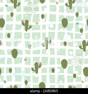 Seamless pattern with cute green cacti on subtle yellow background. Small sized cactus. vector Illustration Stock Vector