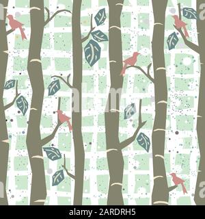 Seamless Tree Pattern with big birds and leaves. Vector Illustration. Stock Vector