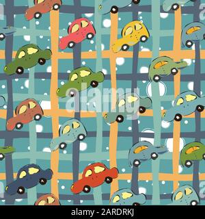 Seamless Pattern with Hand Drawn Cars. Scandinavian Style. Vector Illustration Stock Vector