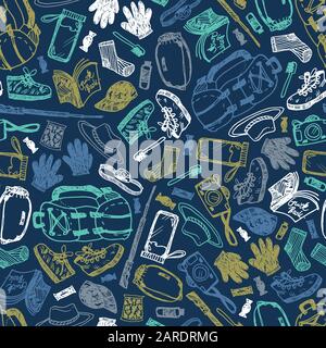 Vector blue seamless doodle sketch pattern with objects for trekking and hiking on blue background. Suitable for textile, wallpaper and trekking Stock Vector