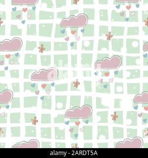Seamless Cute Pattern with clouds raining with hearts and tiny hand drawn flowers on white background. Cute decorative swatch. Vector Illustration Stock Vector