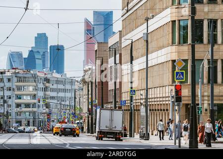 Moscow, Russia - June 01, 2019: Street view by Belarus railway terminal. Stock Photo