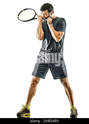 one caucasian mature tennis player man displeased loosing in studio isolated on white background Stock Photo