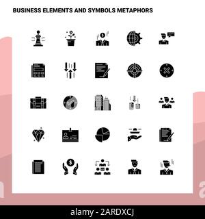 25 business elements and symbols metaphors Icon set. Solid Glyph Icon Vector Illustration Template For Web and Mobile. Ideas for business company. Stock Vector