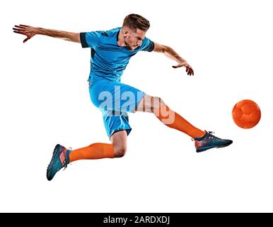 one caucasian youg soccer player man standing in studio isolated on white background Stock Photo