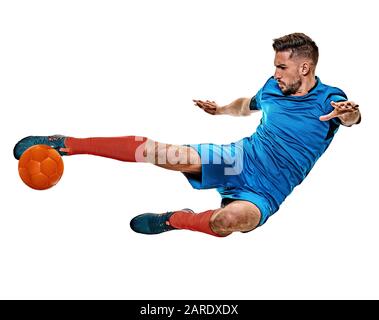 one caucasian youg soccer player man standing in studio isolated on white background Stock Photo