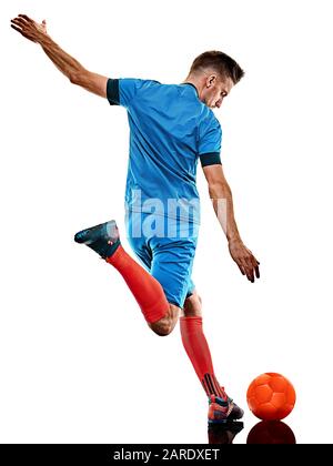 one caucasian youg soccer player man standing in studio isolated on white background Stock Photo