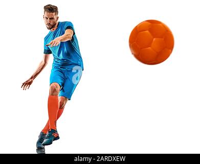 one caucasian youg soccer player man standing in studio isolated on white background Stock Photo