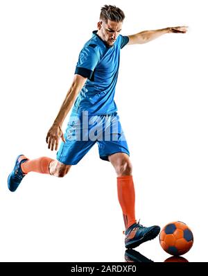 one caucasian youg soccer player man standing in studio isolated on white background Stock Photo