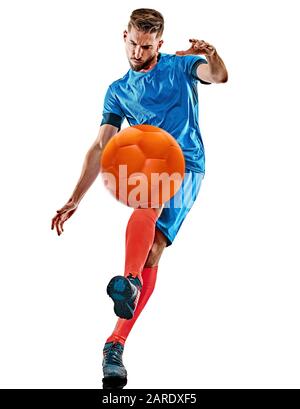 one caucasian youg soccer player man standing in studio isolated on white background Stock Photo