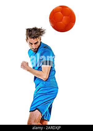 one caucasian youg soccer player man standing in studio isolated on white background Stock Photo