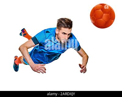 one caucasian youg soccer player man standing in studio isolated on white background Stock Photo