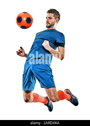 one caucasian youg soccer player man standing in studio isolated on white background Stock Photo