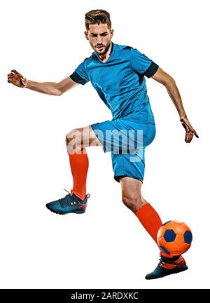 one caucasian youg soccer player man standing in studio isolated on white background Stock Photo