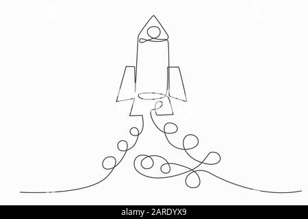 Continuous one line art drawing of Vector startup. One line style rocket illustration. Business startup. Vector illustration. Stock Vector