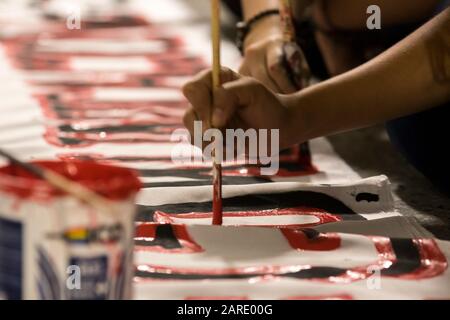 Students of the University of Antioquia preparing parade banners for the march of October 10, 2018.The student movement demanded a greater investment Stock Photo