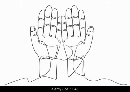 Continuous line art or One Line Drawing of prayer hand worship Christian. Eucharist Therapy Bless God Helping Repent Catholic Easter Lent Mind Pray. l Stock Vector