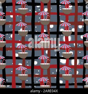 Seamless Pattern with half coconut drink, tube and umbrella, polka dot style. Cocktail in half coconut repeating pattern. Travel and Leisure Theme. Ve Stock Vector
