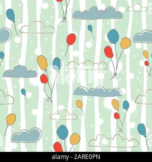 Seamless pattern with clouds and colorful balloons hand drawn in brush on dotted funky background. Great or wall art, wrapping, textile, fabric, swatc Stock Vector