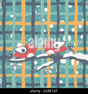 Two Birds sitting on a Branch say "Hello Winter". Hello winter card with cartoon birds a on a branch covered with snow. Winter background. Greeting ca Stock Vector